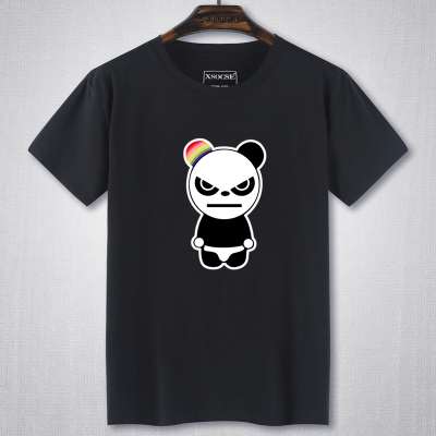 潮牌愤怒熊猫PANDA彩虹耳朵熊男士上装宽松加肥加大码圆领短袖T恤