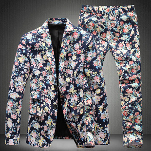 英伦风男士西服套装2015春款韩版加大码碎花休闲小西装两件套 潮