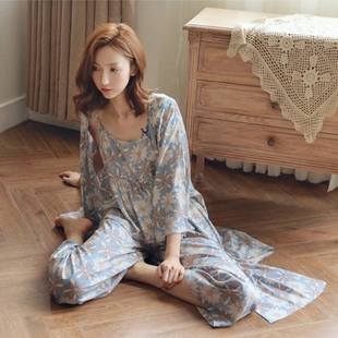 韩版秋装新款甜美花朵女人味吊带睡袍家居服三件套性感睡衣纯棉潮