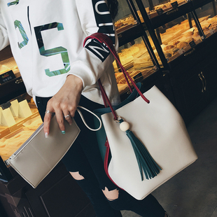 2016秋季新款撞色水桶包韩版大包包休闲女包时尚流苏单肩包手提包
