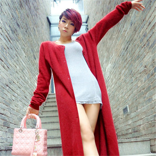 2015新款秋冬韩版女装超长款羊绒针织衫中长毛衣开衫大衣貂绒外套