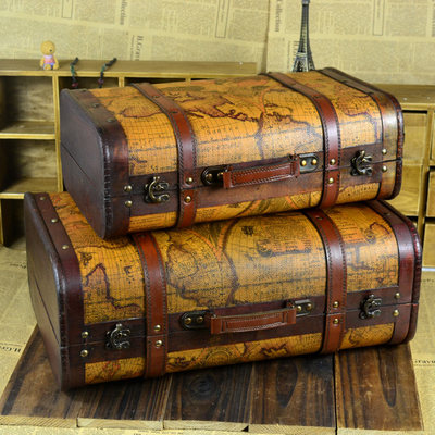 欧式地图复古木质手提箱木箱子 老式皮箱收纳箱 拍摄道具橱窗装饰