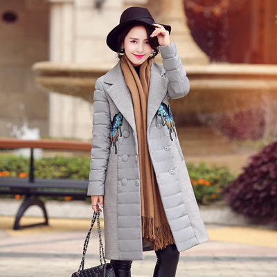2015冬季新款韩版宽松大码加厚羽绒拼接呢子大衣毛呢外套女中长款