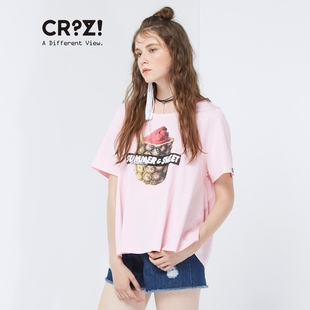 CRZ潮牌2017夏专柜新品趣味菠萝印花修身纯棉圆领T恤女CDK2V156