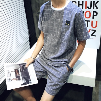 新款夏装 日韩版棉麻短袖t恤灰格子短t套装 T17-P90