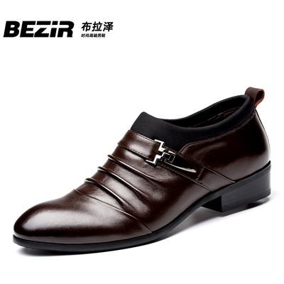 BEZIR隐形内增高男鞋高鞋男士商务正装皮鞋男尖头真皮套脚婚鞋男