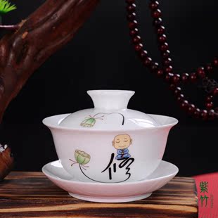 高白手绘青花盖碗茶碗功泡茶杯三才碗茶具套装功夫茶具陶瓷杯配件