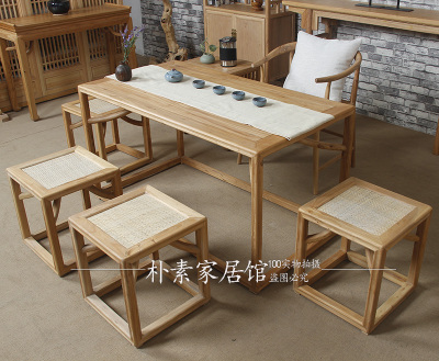 老榆木免漆茶桌椅组合新中式禅意全实木会所茶桌茶楼茶室家具北京