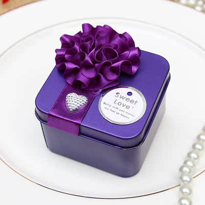 创意正方形紫色喜糖盒马口铁结婚喜糖盒子婚礼糖果盒婚庆品