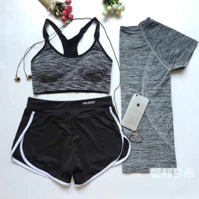 夏季三件套装女健身房跑步运动文胸短裤显瘦速干短袖T恤瑜伽服