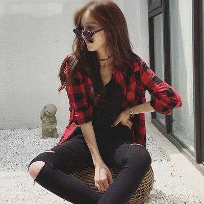 欧美长袖衬衣韩版中长款红黑格子衬衫女款宽松显瘦休闲秋季薄外套