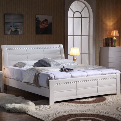 实木床1.5米1.8米 橡木床简约现代中式家具 白色高箱储物婚床