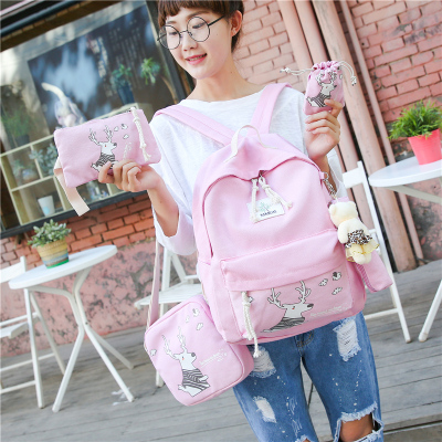 卡通印花帆布双肩包女韩版潮学院风时尚休闲学生书包套装旅游背包
