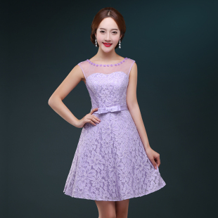 紫色伴娘服短款2016新款夏季一字肩大码修身韩版伴娘礼服姐妹裙春