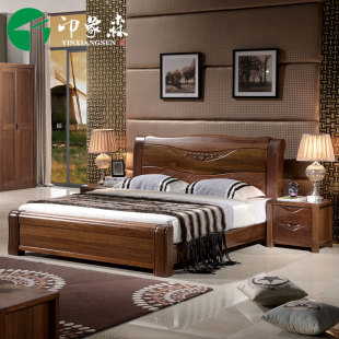 金丝胡桃木床全实木家具1.8米双人木床简约现代式卧室高箱储物床