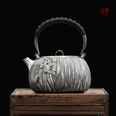 细工坊银壶纯银999烧水壶日本进口纯手工一张打纯银茶壶 年货精品