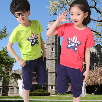 2015新品男童女童夏季短袖T恤+儿童中裤中小大童装亲子纯棉套装