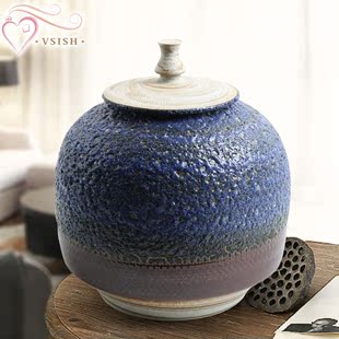 VSISH 美式带盖陶瓷储物罐摆件 创意家居客厅软装陶瓷摆设