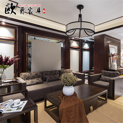 新中式沙发别墅客厅小户型水曲柳实木沙发样板房禅意雕刻家具组合