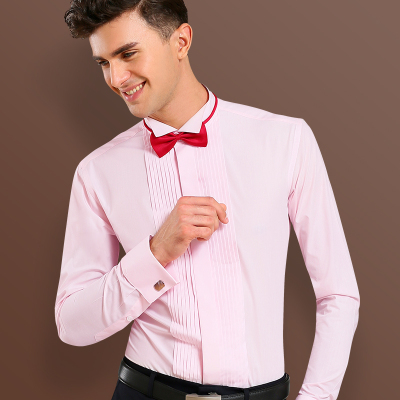 秋季男士粉色结婚新郎伴郎衬衫男长袖法式袖口衬衣燕子领礼服衬衫