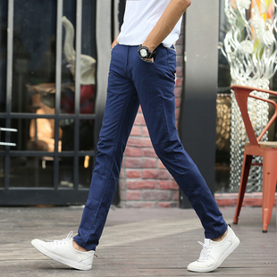 新款韩版休闲大码麻棉学生牛仔筒青年男士装修身英伦小脚长裤潮