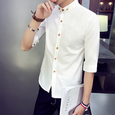 夏季纯色白衬衫修身型男士7七分袖衬衣服中袖韩版潮男装寸衫学生