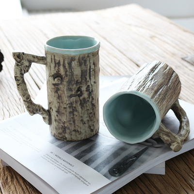 景德镇手工陶瓷杯仿树皮杯子个性创意复古马克杯带勺喝水杯子茶杯