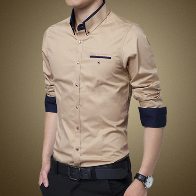 春款韩版男士长袖衬衫纯棉纯色青年衬衣商务拼接潮流条纹修身格子