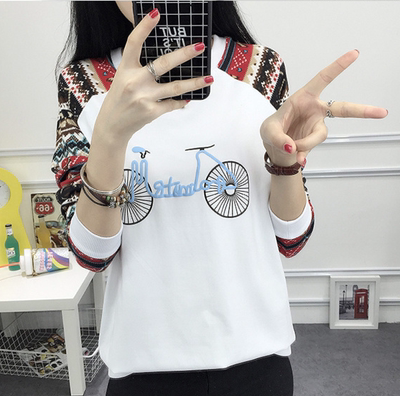 2016秋季新款韩版自行车图案时尚百搭打底衫女圆领宽松长袖T恤