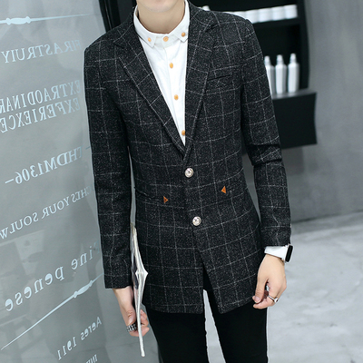 秋装韩版青少年西服男中长款高中学生修身格子小西装潮流单西外套