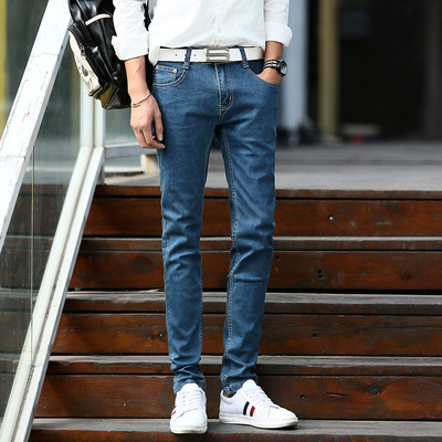 浅色牛仔裤男夏季薄款韩版修身款直筒青年学生弹力小脚蓝白长裤子