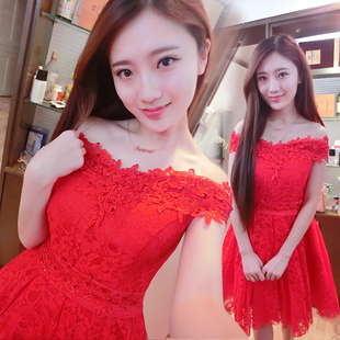韩版2016新款红色新娘结婚敬酒服显瘦夏一字肩短款修身婚礼晚礼服
