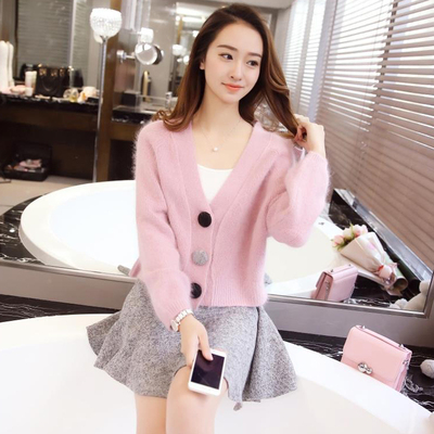 2016春装新款韩版兔毛羊毛针织开衫包臀半身短裙两件套现货