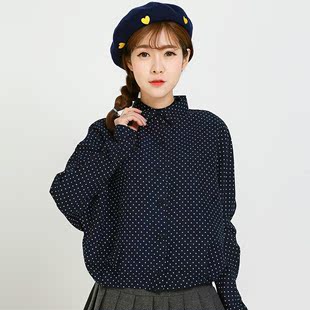 2016春装新款韩版宽松蝙蝠袖波点翻领长袖 短款休闲衬衣女