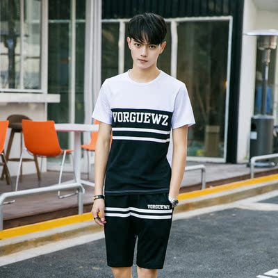 新款夏季薄款T恤短袖男韩版套装 青少年印花运动套装 男士休闲T恤