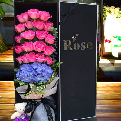 紫粉雪山香槟红玫瑰绣球花束混搭高档礼盒生日祝福成都同城送花