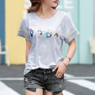 韩国个性短袖t恤女式上衣宽松大码卡通印花T恤衫夏季显瘦气质小衫