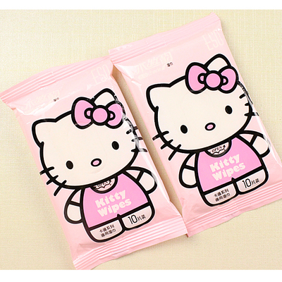 Kitty猫可爱卡通湿纸巾 一次性宝宝湿巾 洁肤湿纸 便携10片装