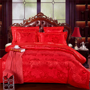 正品纯棉婚庆四件套大红色全棉贡缎提花床上用品结婚四六件套包邮