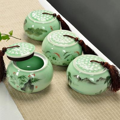 包邮茶具配件 茶叶罐陶瓷 密封罐 大号青瓷玻璃装普洱茶叶存储罐