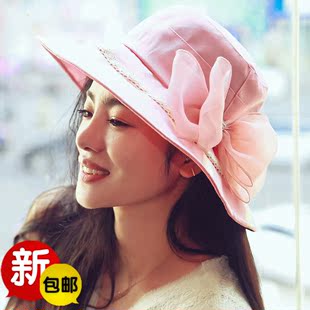 女士帽子夏季遮阳帽子韩版蝴蝶结遮阳帽蕾丝花边防紫外线大沿帽子