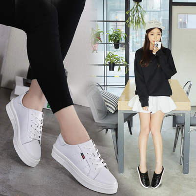 16韩版新款透气真皮小白鞋运动鞋女中跟系带单鞋平底孕妇鞋板鞋潮
