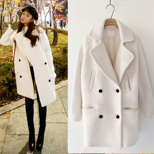 秋冬韩版韩版宽松型翻领学生白纯色羊毛呢外套女中长款呢大衣