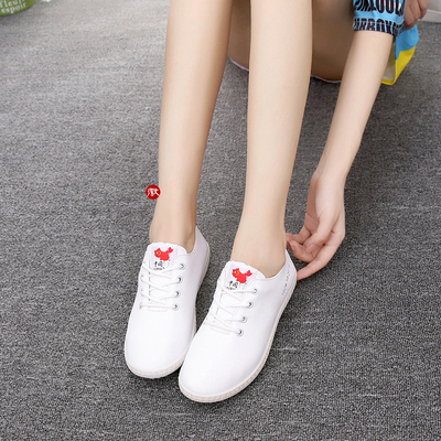 白色女士帆布鞋夏季透气平底平跟休闲百搭小白鞋系带学生韩版厚底