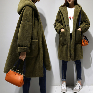 2017秋冬季新款学生外套韩版宽松中长款羊羔毛连帽大衣女