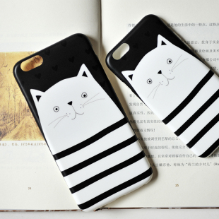 日韩新品条纹可爱猫咪iphone6s手机壳 苹果6plus卡通文艺保护套潮
