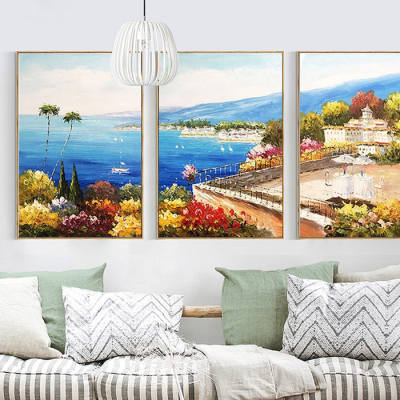 客厅沙发背景墙装饰画田园餐厅挂画手绘壁画风景地中海三联油画