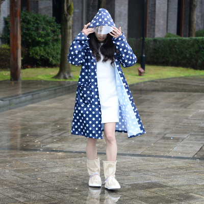 韩版波点时尚风衣式便携式徒步旅游雨衣外套女骑行防水连帽长款