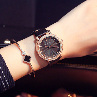日历手表皮带女学生韩版简约时尚复古白富美防水镶钻石女士石英表