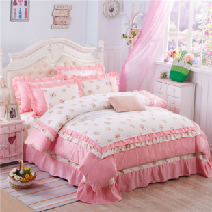 纯棉床上四件套全棉粉色公主风韩式田园床单1.8 2.0m床裙式卡通